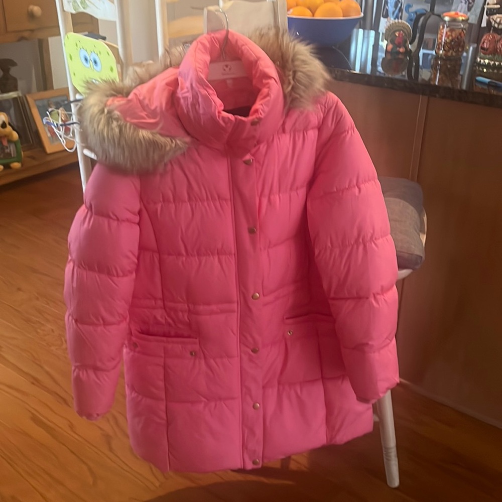 pink winter puff mid length coat